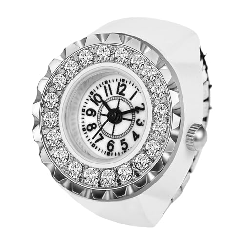 JewelryWe Ringuhr Fingeruhr Damen Elastisch - Elegant Glitzer Strass Rund Analog Quarz Fingerringuhr Ring Uhr Uhrenring mit Weiß Legierung Elastisch Band von JewelryWe