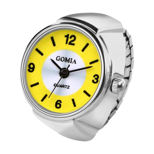 JewelryWe Ringuhr Fingeruhr Damen Elastisch - Klassische Einfache Analog Quarz Fingerringuhr Ring Uhr Uhrenring mit Gelb Rundem Zifferblatt und Legierung Elastisch Band von JewelryWe