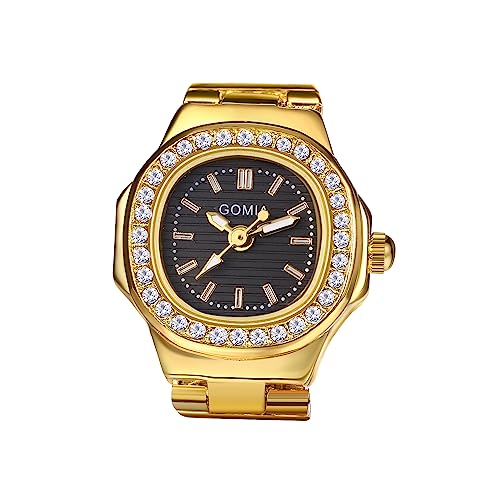 JewelryWe Ringuhr Fingeruhr Damen Uhren - Gold Quadrat Quarz Analoge Verstellbar Metall Ring Uhr Frauen Glitzer Strass Fingerringuhr Uhrenring mit Dunkelgrau Rechteckigem Zifferblatt von JewelryWe