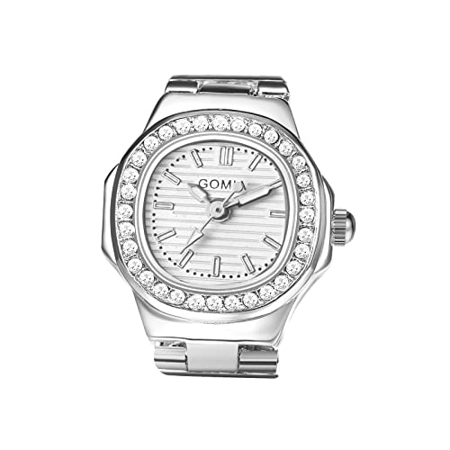 JewelryWe Ringuhr Fingeruhr Damen Uhren - Silber Quadrat Quarz Analoge Verstellbar Metall Ring Uhr Frauen Glitzer Strass Fingerringuhr Uhrenring mit Weiß Rechteckigem Zifferblatt von JewelryWe