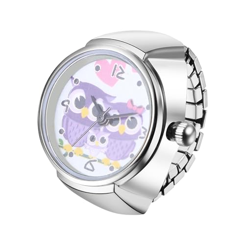 JewelryWe Ringuhr Fingeruhr Elastisch Eule - Damen Analog Quarz Fingerringuhr Ring Uhr Uhrenring mit Eule rundem Zifferblatt und Silber Legierung Elastisch Band #5 von JewelryWe