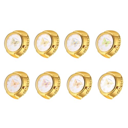 JewelryWe Ringuhr Fingeruhr Elastisch Schmetterling - 8pcs Damen Analog Quarz Fingerringuhr Ring Uhr Uhrenring mit Schmetterling Römischen Ziffern Zifferblatt und Gold Legierung Elastisch Band von JewelryWe