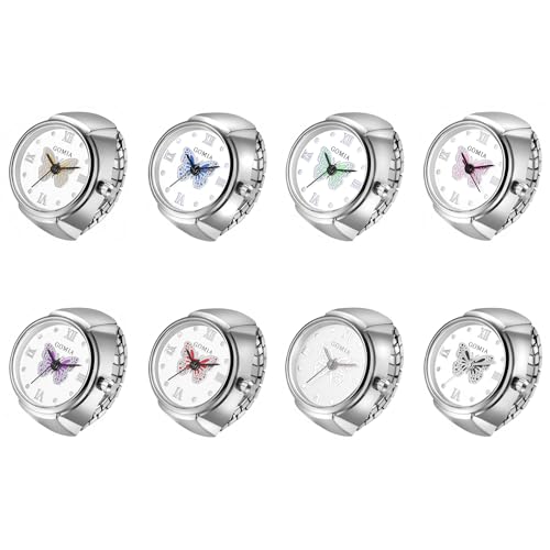 JewelryWe Ringuhr Fingeruhr Elastisch Schmetterling - 8pcs Damen Analog Quarz Fingerringuhr Ring Uhr Uhrenring mit Schmetterling Römischen Ziffern Zifferblatt und Silber Legierung Elastisch Band von JewelryWe