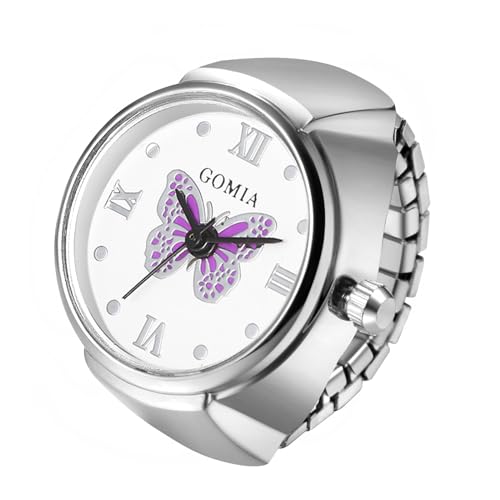 JewelryWe Ringuhr Fingeruhr Elastisch Schmetterling - Damen Analog Quarz Fingerringuhr Ring Uhr Uhrenring mit Lila Schmetterling Römischen Ziffern Zifferblatt und Silber Legierung Elastisch Band von JewelryWe