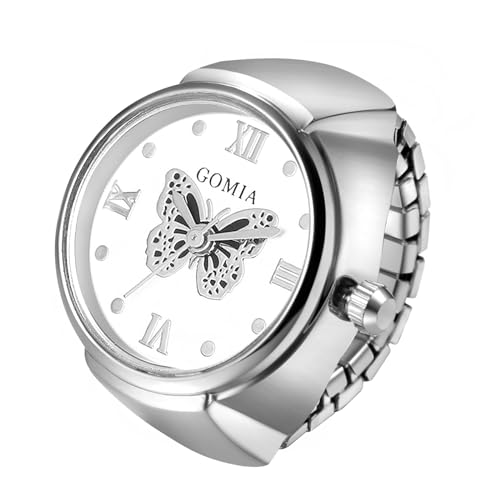 JewelryWe Ringuhr Fingeruhr Elastisch Schmetterling - Damen Analog Quarz Fingerringuhr Ring Uhr Uhrenring mit Schwarz Schmetterling Römischen Ziffern Zifferblatt und Silber Legierung Elastisch Band von JewelryWe
