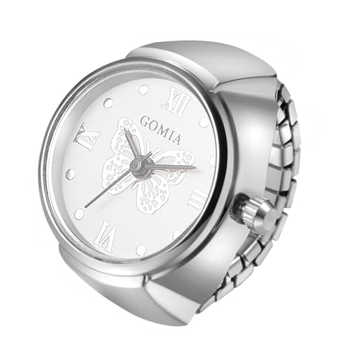 JewelryWe Ringuhr Fingeruhr Elastisch Schmetterling - Damen Analog Quarz Fingerringuhr Ring Uhr Uhrenring mit Weiß Schmetterling Römischen Ziffern Zifferblatt und Silber Legierung Elastisch Band von JewelryWe