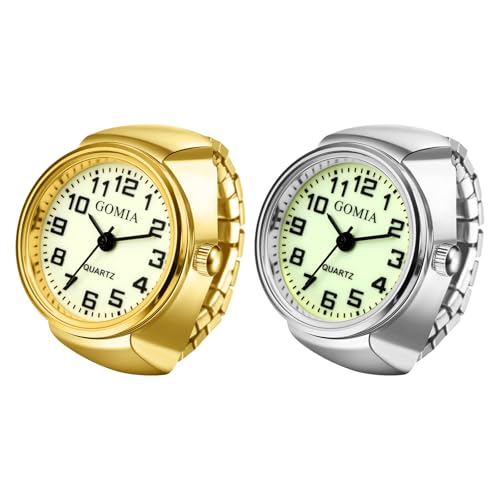 JewelryWe Ringuhr Fingeruhr mit Elastischem Zugband: 2 Stück Analog Quarz Fingerringuhr Damen Herren Dehnbarer Metallband Ring Uhr Uhrenring mit Grünem Leuchtenden Zifferblatt von JewelryWe
