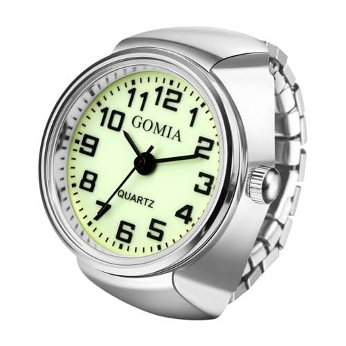 JewelryWe Ringuhr Fingeruhr mit Elastischem Zugband: Silber Analog Quarz Fingerringuhr Damen Herren Dehnbarer Metallband Ring Uhr Uhrenring mit Grünem Leuchtenden Zifferblatt von JewelryWe