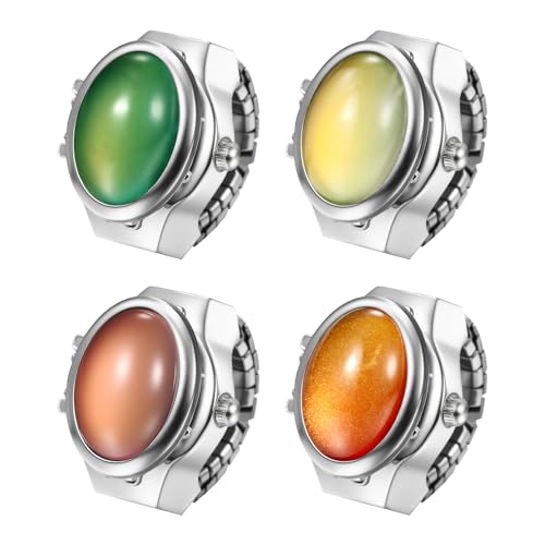 JewelryWe Ringuhr Katzenauge Elastische Fingeruhr: 4 Stück Analog Quarz Fingerringuhr Damen Herren Dehnbarer Metallband Ring Uhr Uhrenring mit Ovalem Katzenauge-Stein von JewelryWe