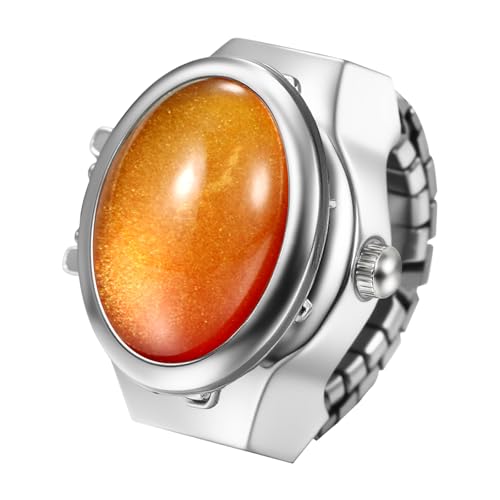 JewelryWe Ringuhr Katzenauge Elastische Fingeruhr: Elegant Analog Quarz Fingerringuhr Damen Herren Dehnbarer Metallband Ring Uhr Uhrenring mit Orange Katzenauge-Stein von JewelryWe