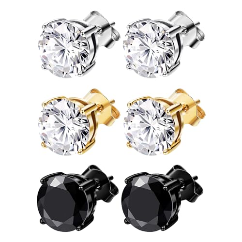 JewelryWe Runde Ohrstecker Zirkonia Ohrringe: 3 Paar 6mm Damen Herren Edelstahl Kreis Gestüt Ohrringe Ohr-Piercings mit Rundschliff Cubic Zirkonia Elegant Glitzer Ohrschmuck für Frauen Männer von JewelryWe