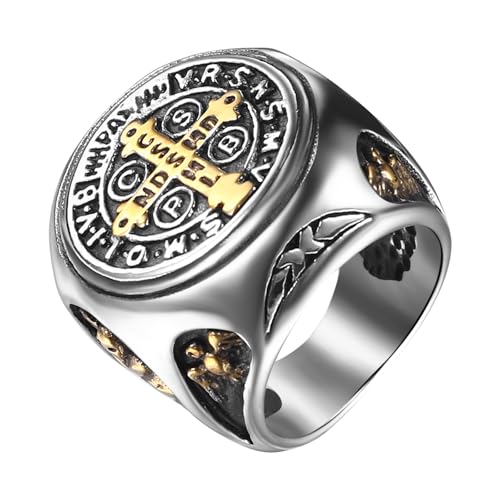 JewelryWe Benedikt Kreuz Ring Herren: Retro Edelstahl Herren-Ring Heiliger St. Benedict Kreuz Katholischer Exorzismus Siegelringe Dämonschutz Geisterjäger Religiöse Bandring Band Gold Silber Größe 57 von JewelryWe
