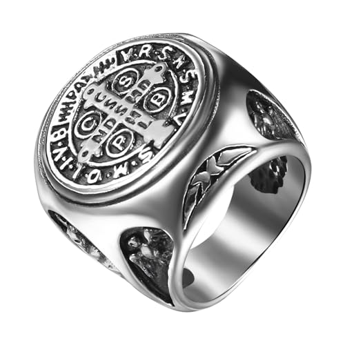 JewelryWe Benedikt Kreuz Ring Herren: Vintage Edelstahl Herren-Ring Heiliger St. Benedict Kreuz Katholischer Exorzismus Siegelringe Dämonschutz Geisterjäger Religiöse Bandring Band Silber Größe 65 von JewelryWe