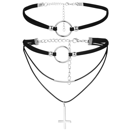 JewelryWe Samt Choker Damen Kette: Schwarz Leder Velvet Halsband mit O-Ring Umgekehrt Upside Down Kreuz Petruskreuz Anhänger Geschichtet Verstellbare Halskette Gothic Choker Kette 90er Deko von JewelryWe