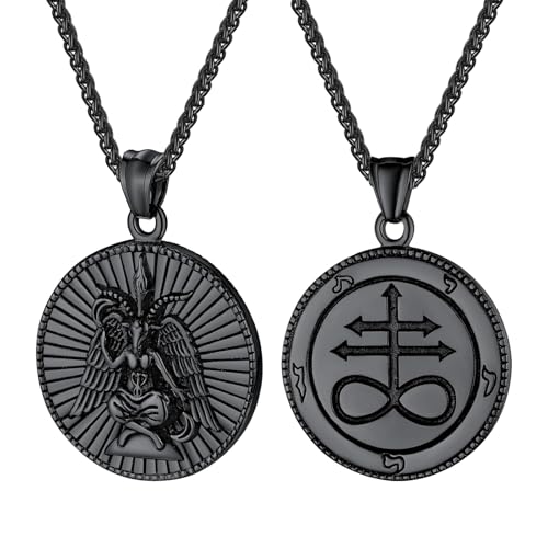 JewelryWe Satan Ziege Halskette Herren: Schwarz Edelstahl Baphomet Satanische Ziege Engelsflügel Leviathan Kreuz Runde Anhänger Kette Gothic Luzifer Kirche Amulett Satanismus Schmuck von JewelryWe