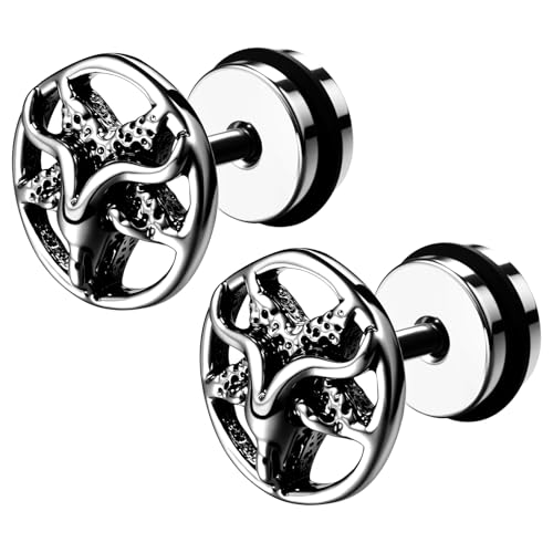 JewelryWe Satanische Baphomet Ohrringe für Herren: Edelstahl Ziegenkopf mit Pentagramm Ohrstecker Fake Plug Tunnel Ohr Piercing Satan Amulett Gothic Punk Schmuck für Männer Frauen Silber von JewelryWe
