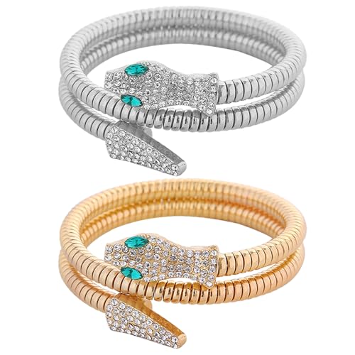 JewelryWe Schlange Armband Damen Armreif: 2 Stück Chunky Edelstahl Zirkonia Schlangenarmreif Schlangenarmband Geschichtet Wickel Armkette Cleopatra Ägypterin Kostüm Tier Schmuck von JewelryWe