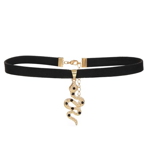 JewelryWe Schlange Halsband Samt Choker: Punk Gold Schlange Anhänger Halskette Kette Kurze Schwarze Samt Halskette Stretch Band Kragen Halskette Gothic Schlangenhalskette Schmuck für Frauen Mädchen von JewelryWe