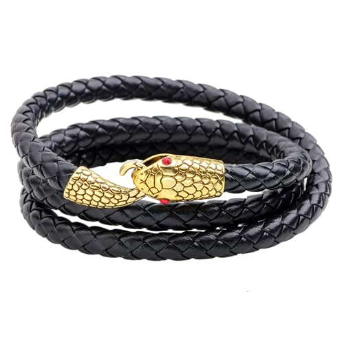 JewelryWe Schlange Leder Armband Herren: Vintage Gold Ouroboros Mehrschichtig geflochten Lederarmband Schlangenarmband Wikinger Amulett Multi-Turn Wickelarmband Biker Armreif von JewelryWe