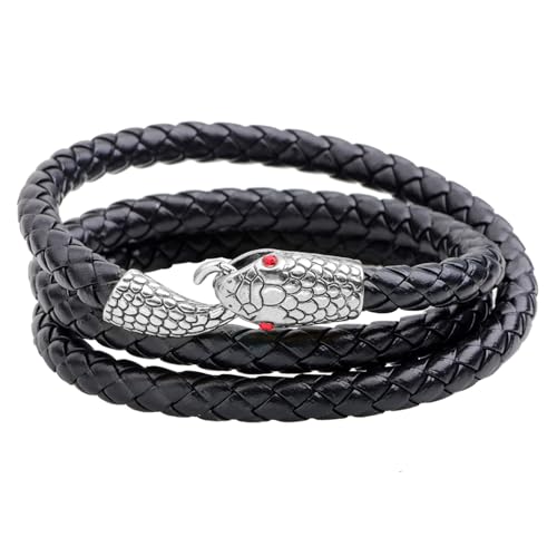JewelryWe Schlange Leder Armband Herren: Vintage Silber Ouroboros Mehrschichtig geflochten Lederarmband Schlangenarmband Wikinger Amulett Multi-Turn Wickelarmband Biker Armreif von JewelryWe