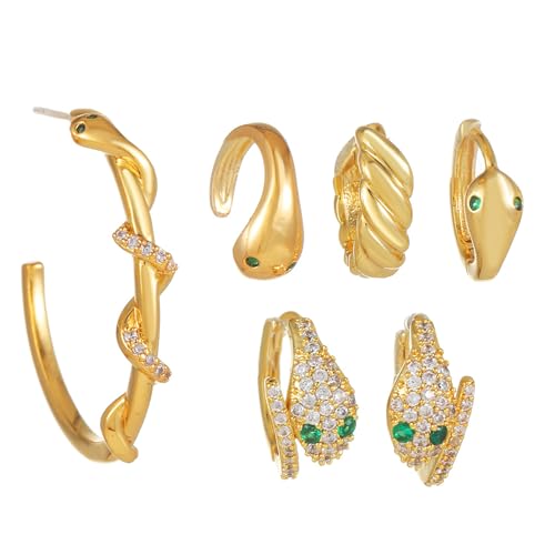 JewelryWe Schlange Ohrringe Damen Creolen: 6pcs Gold Edelstahl Schlangenohrringe mit grün Zirkonia Chunky Kleine Schlange Wrap Ohrringe Ohrklemme Ohrclips Tier Ohrringe für Frauen Mädchen von JewelryWe