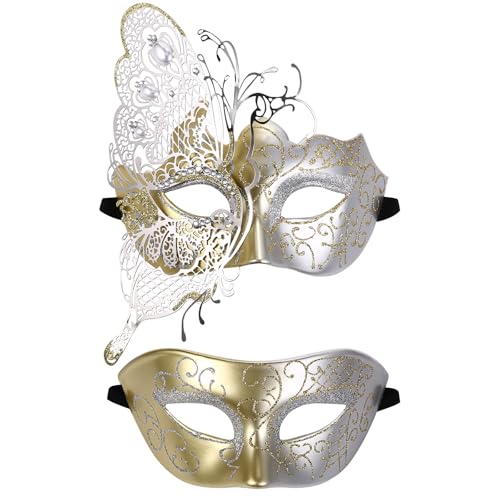 JewelryWe Schmetterling Maskerade Maske Paar: 2pcs Venezianische Schmetterlingsmaske mit Strass Damen Herren Halbgesicht Kostümmaske Augenmaske für Valentinstag Abschlussball Karneval Party Cosplay von JewelryWe