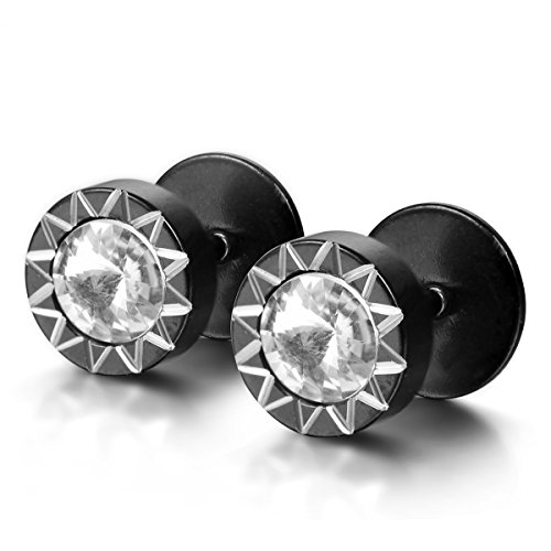 JewelryWe Schmuck 1 Paar 8MM Sonnenblume Blume Edelstahl Herren Damen Runde Ohrstecker Ohrringe Ohrschmuck, Farbe Schwarz, mit Geschenk Tüte von JewelryWe