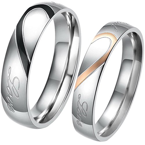 JewelryWe Schmuck 1 Paar Edelstahl Love Herz Partnerringe Freundschaftsringe Eheringe Trauringe Verlobung Ringe Band, Schwarz Gold Silber, mit Geschenk Tüte von JewelryWe