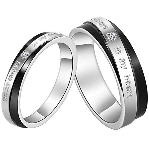 JewelryWe Schmuck 1 Paar Edelstahl Partnerringe, You Are Always in My Heart Gravur, Freundschaftsringe Eheringe Trauringe Verlobung Ringe Band, Schwarz Silber von JewelryWe