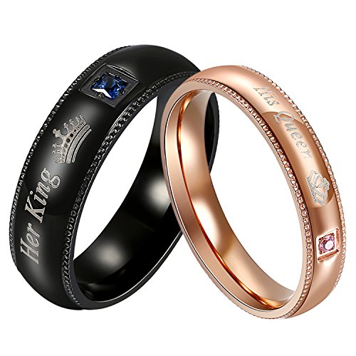 JewelryWe Schmuck 1 Paar Ringe Edelstahl Pärchen Ring mit Her King His Queen Zirkonia Freundschaftsringe Eheringe Trauringe Verlobungsringe für Damen Herren Rosegold Schwarz von JewelryWe