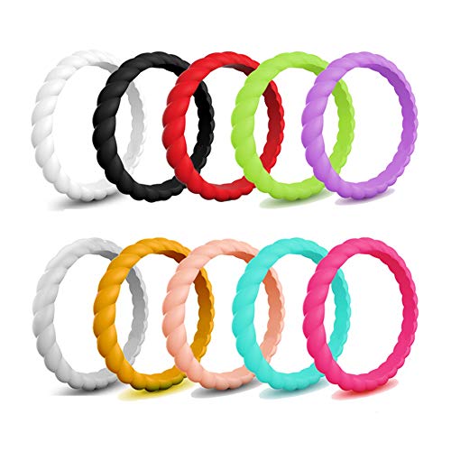 JewelryWe Schmuck 10 PCS Silikon Ehering für Frauen, 3mm geflochten verdreht Twisted Gummi Hochzeit Bands Gummibänder Ring für Sport und Outdoor, 10 Farben Set, Größe 49 von JewelryWe