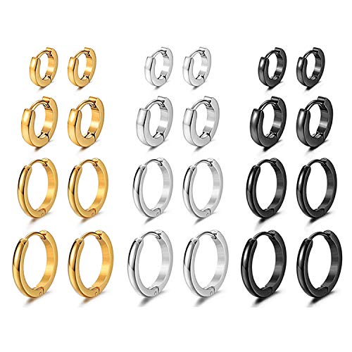 JewelryWe Schmuck 12 Paar Schmale CREOLEN, 7mm-14mm Edelstahl Glatte Ohrringe Huggie Ohr ManschetteOhrstecker mit Klapp-Verschluss für Herren Damen, Schwarz Gold Silber von JewelryWe