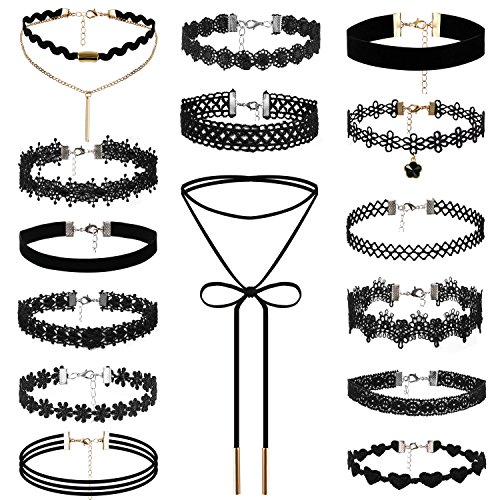 JewelryWe Schmuck 15 Stück Damen Choker Kette Halsband Set Gothic Leder Choker Spitze Samt Choker Halskette Set von JewelryWe