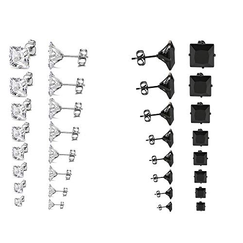 JewelryWe Schmuck 16 Paar Quadrat Zirkonia Edelstahl Ohrstecker Gestüt Ohrringe für Herren Damen, Schwarz Silber 3mm-10mm von JewelryWe