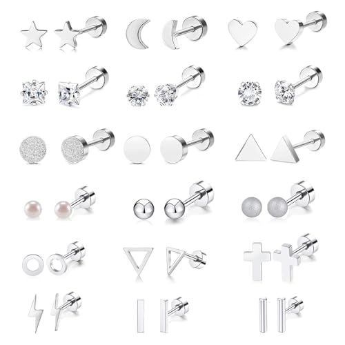 JewelryWe Schmuck 18 Paare Ohrstecker Set Damen Mond Stern Herz Dreieck Rechteck Kreuz Blitz Zylinder Rund Kugel Perle Zirkonia Edelstahl Mini Ohrringe Ohr Piercing für Frau Mädchen Silber von JewelryWe