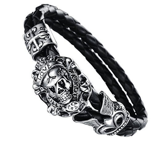 JewelryWe Schmuck Herren Lederarmband, Gotik Totenkopf Schädel Krone 2 Geflochten Lederkette Armband Partnerarmband Armreif, Schwarz Silber von JewelryWe