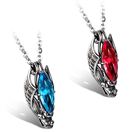 JewelryWe Schmuck 2 Edelstahl Ketten, Gotik Herrschsüchtigem Drachen Kopf Anhänger mit Rot/Blau Glas, Halsketten Partnerketten für Damen und Herren von JewelryWe