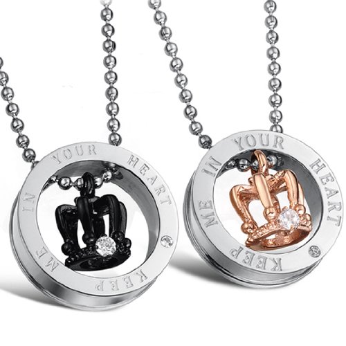 JewelryWe Schmuck 2 Freundschaftsketten Edelstahl Keep Me in Your Heart Gravur Krone Ring Partner Anhänger mit Halsketten Pärchen Paar Ketten für Damen Herren von JewelryWe