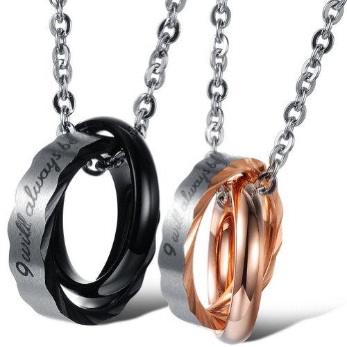 JewelryWe Paar Kette Edelstahl Partnerkette: 2 Freundschaftsketten Zirkonia Ringe Partner Anhänger mit Gravur I Will Always be with You Pärchen Halskette für Damen Herren Gold Schwarz Silber von JewelryWe