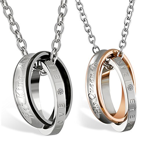 JewelryWe Valentinstag Schmuck 2 Freundschaftsketten mit Gravur, Edelstahl Partner-Anhänger Halskette mit His Queen Her King Ringe, Paar Anhänger Kette für Damen Herren, Schwarz Rosegold Silber von JewelryWe