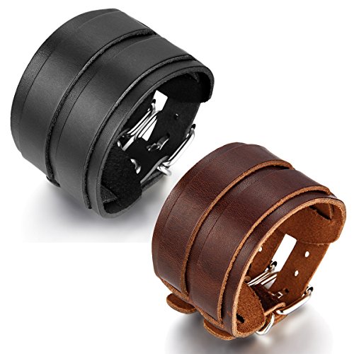 JewelryWe Schmuck 2 Herren Lederarmbänder, Punk Rock Stil Breit Leder Armreif, Kunstleder, Schwarz Braun, mit Geschenk Tüte von JewelryWe