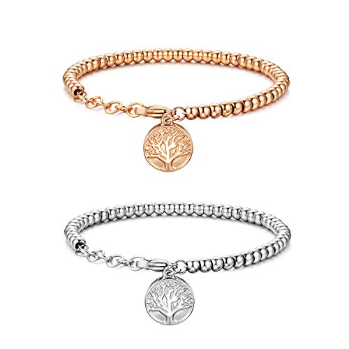 JewelryWe Schmuck 2 PCS Damen Armband Edelstahl Lebensbaum Baum des Lebens Perlen Armbänder Armschmuck für Valentinstag Hochzeitstag Weihnachten, Silber Rosegold von JewelryWe