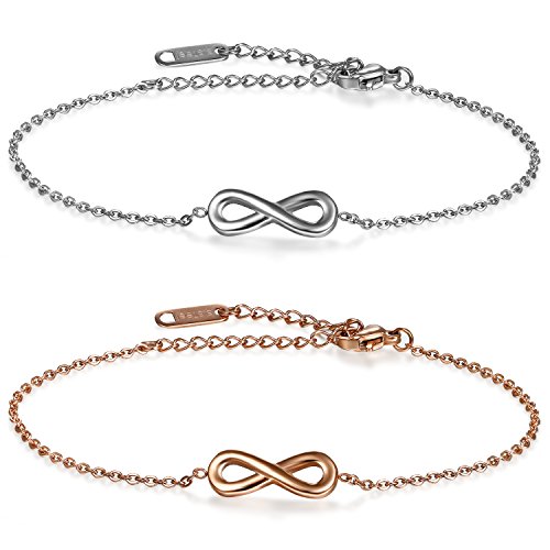JewelryWe Schmuck 2 PCS Damen Armband Fußkette, Lieben Infinity Unendlichkeit Zeichen Charm Armreif Fußkettchen, Edelstahl, Silber Rose Gold von JewelryWe