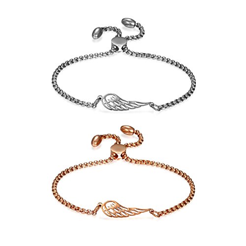 JewelryWe Schmuck 2 PCS Damen Armband mit Engels Flügel Engelsflüge?Edelstahl Charm-Armband Armkette Verstellbar Armkettchen Armreif, Rosegold/Silber von JewelryWe