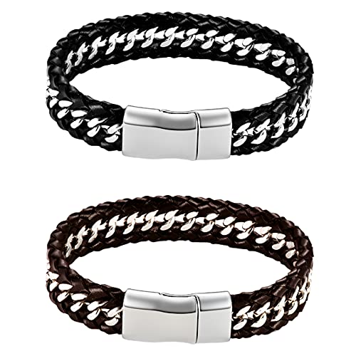 JewelryWe Schmuck 2 PCS Echtlederarmband Lederarmband Herren Echtleder Geflochten Armband Armreif Manschette mit Gravur Geschenke für Männer Schwarz Braun Silber von JewelryWe