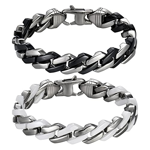 JewelryWe Schmuck 2 PCS Herren Armband, Edelstahl Keramik Porzellan Geflochten Verdrehte Link Armkette Kettenarmband Armreif Geschenke für Männer Junge, Schwarz Weiß Silber von JewelryWe