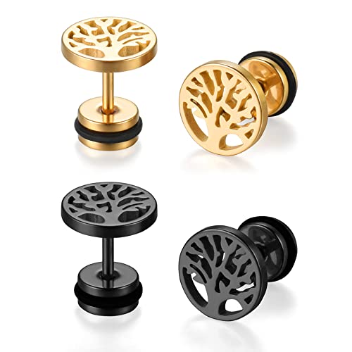 JewelryWe Schmuck 2 Paar Baum des Lebens Ohrstecker, Edelstahl Lebensbaum Runde Kreis Ohrringe für Herren Damen Tunnel Plug Ohrpiercing Barbell Stud Schwarz Gold von JewelryWe