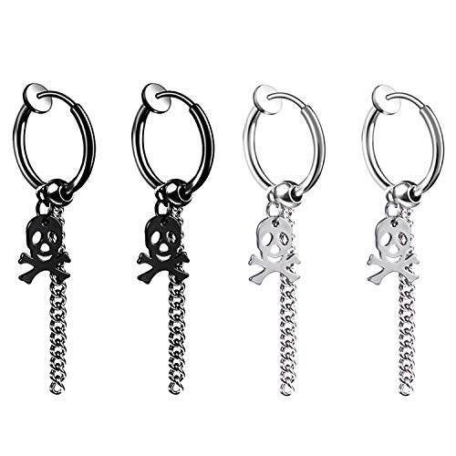 JewelryWe Schmuck 2 Paar Herren Damen Ohrringe Edelstahl Ohrstecker Totenkopf Sch?del Kette H?ngend Huggie Creolen Ohrringe Ohr-Piercing Ohrh?nger, Schwarz Silber von JewelryWe