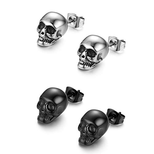 JewelryWe Schmuck 2 Paar Herren Ohrringe Edelstahl poliert Totenkopf Punk style hip hop Ohrstecker Ohrschmuck, Silber Schwarz von JewelryWe