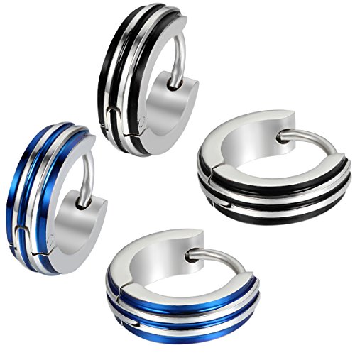 JewelryWe Schmuck 2 Paare Edelstahl Gestüt Stecker Creolen Huggie Ohrringe Ohrstecker Ohrhänger Silber Schwarz Blau Streifen Gestreift Motorradfahrer Biker Einzigartig Herren von JewelryWe